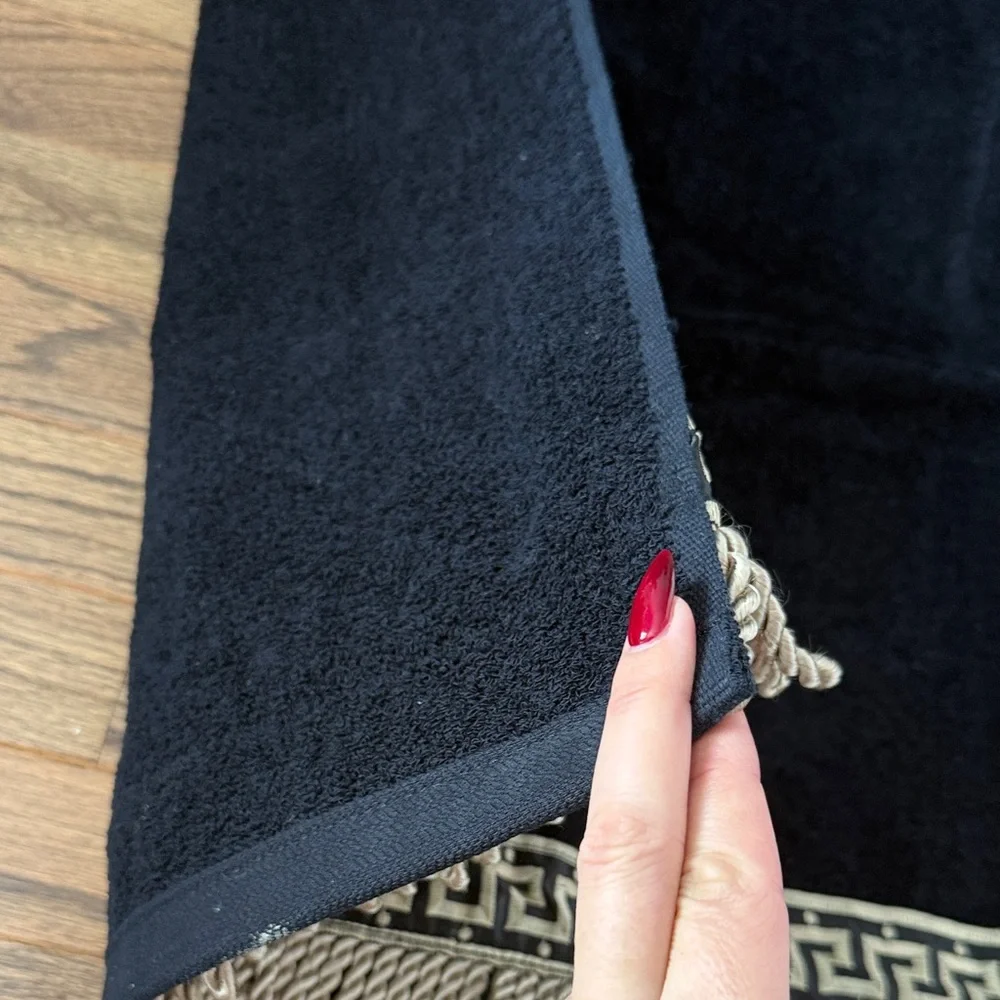 Bath Black Towel with Greek Key Fringe like New